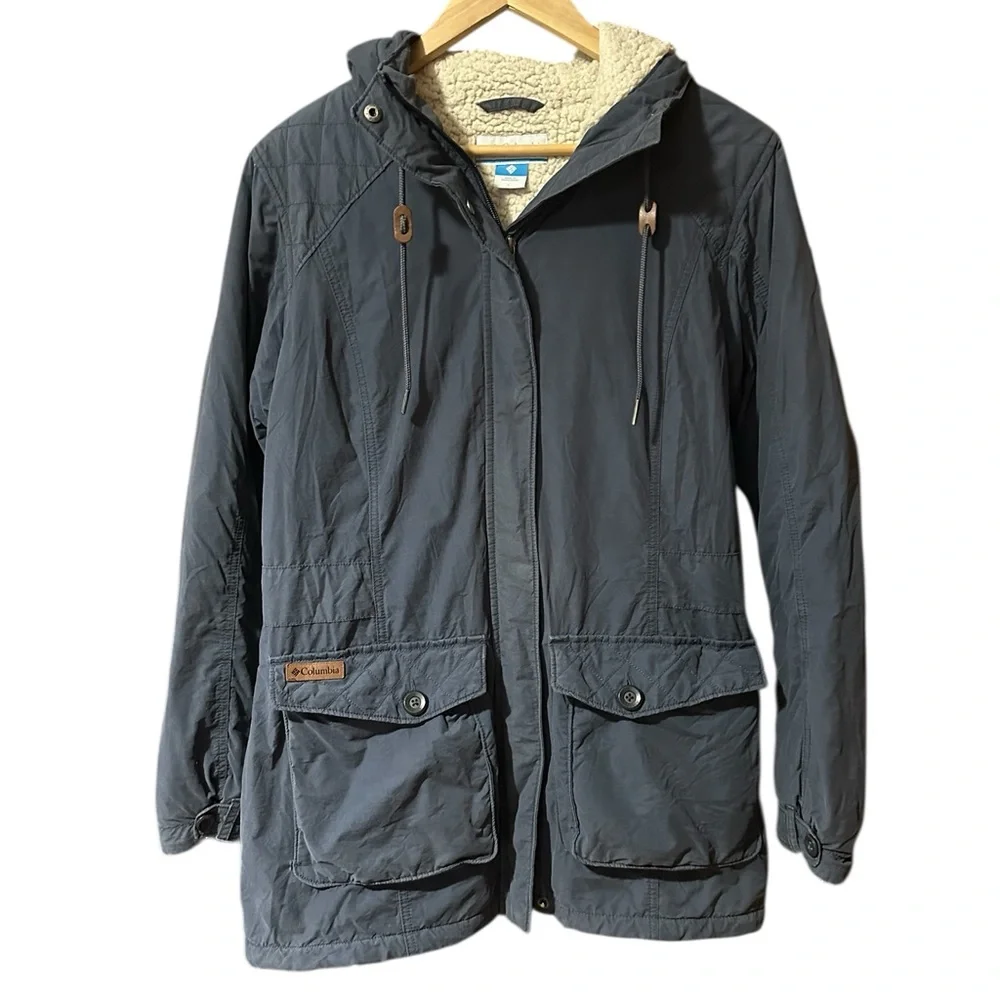 Columbia Women's Sherpa-Lined Hooded Outdoor Parka Cargo Pockets Blue Gray Sz L